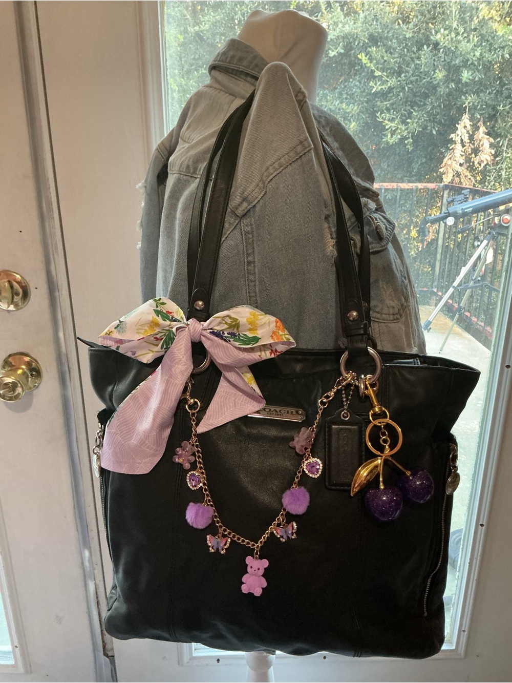 Coach Black Leather Tote with Purple Charm Details